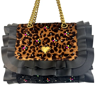 Betsey Johnson Leopard Ruffle Shoulder Bag Chain Strap Rhinestone Embellished - Image 1 of 4