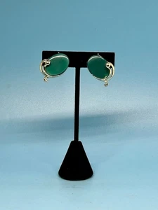 Vintage Mid Century Ohrringe grün oval goldfarben Clip On - Bild 1 von 5