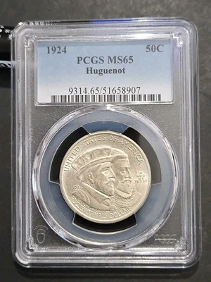 1924 HUGUENOT SILVER COMMEMORATIVE HALF DOLLAR PCGS MS65 - Image 1 of 4