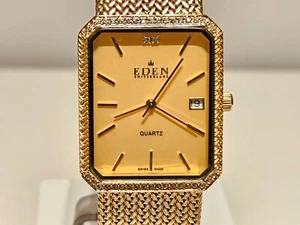 VINTAGE TANK 29mm LUXURY WITH STONES GOLD PLATED MEN'S SWISS QUARTZ WATCH"EDEN" - Picture 1 of 17