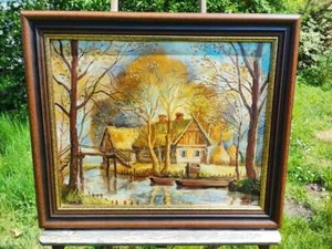 ALTES ÖLGEMÄLDE HÜTTE AM FLUSS VON STEIN SIGNIERT 63 x 53 CM - Picture 1 of 3