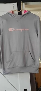 Champion Pullover Sweatshirt Hoodie Youth Size 14/16Gray Cotton with pink floral - Picture 1 of 3