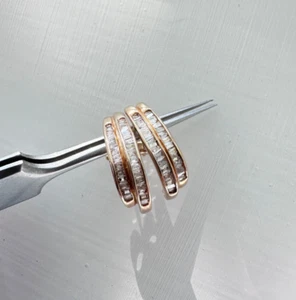 Estate 10K Yellow Gold 2-Row - 62 Baguette Diamonds Small J-Hoop Earrings, 2g - Picture 1 of 22