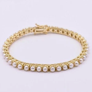 4.3mm Pearl Tennis Bracelet Real 925 Yellow Gold Sterling Silver 925 7" - Picture 1 of 7