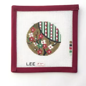 LEE Handpainted Needlepoint Canvas Ornament Flowers Japanese Style Round 18 Mesh - Picture 1 of 3