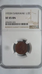 Sarawak Malaysia 1/2 Cent, 1933 H, NGC XF 45 BN - Picture 1 of 4