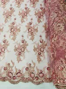 Beaded Flower Cluster Fabric - Dusty Rose Embroidered Bead Sequin Fabric Yard - Picture 1 of 4