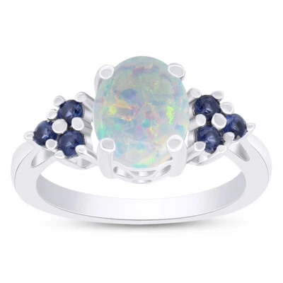 Engagement Wedding Ring Created Opal & Simulated Sapphire 14K White Gold Plated - Image 1 of 4