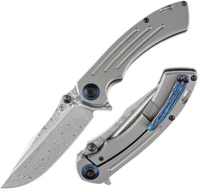 Kansept Knives Pretatout Folding Knife 3¾" Damascus Steel Blade Titanium Handle - Image 1 of 4