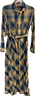 RRL RALPH LAUREN Plaid Maxi Dress Cotton/Linen Button Front Long Slv Blue Sz 4 - Image 1 of 4