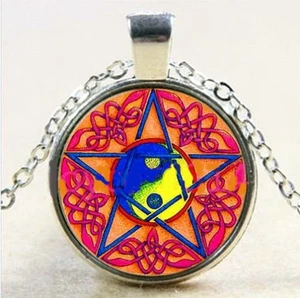 Pentagram Glass Cabochon Tibetan Silver Chain Pendant Necklace - Picture 1 of 1