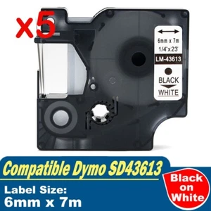 5x Compatible Dymo 6mm Label Tape SD43613 Black on White - 7 meters - Picture 1 of 1