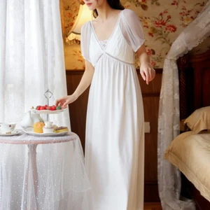 Women Pajamas Dress V-neck Nightdress Lace Sheer Sleeve Nightgown Long Dress - Picture 1 of 15