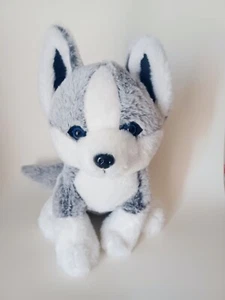 Husky Dog Plush Grey & White Big Blue Eyes Stuffed Animal Mouth Closed Sitting - Picture 1 of 3