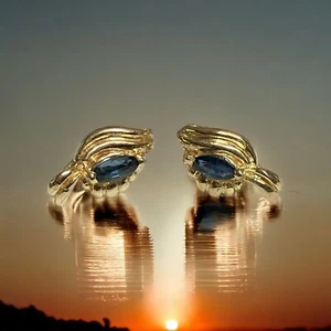 Nachlass 14K GOLD BLAUER SAPHIR MARQUISE STEIN BLATT OHRRINGE - 1,5 Gramm - Original Box - Bild 1 von 7