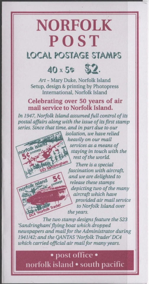 Avión Norfolk Is 1999 - Folleto postal local de 40 MUH Foto 1 de 1