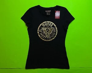 New GUESS Los Angeles Women’s Short Sleeve T-Shirt SMALL Black w/Gold Cotton - Picture 1 of 12