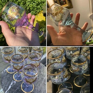 2 RARE MOSER CZECH NEODYMIUM WINE Glasses 6 1/2” COLOUR CHANGE Gilded Enamelled - Picture 1 of 13