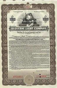 USA DUQUESNE LIGHT COMPANY stock certificate 1915 SPECIMEN - Picture 1 of 1