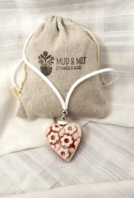 Handcrafted Ceramic Embossed Floral Heart Pendant Necklace, Silver Plated (No.4) - Image 1 of 4