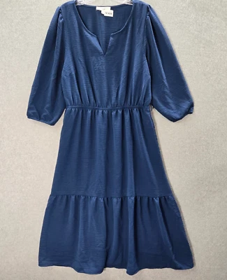 Lucky Brand Women Dress Large Blue Midi A Line Peasant Balloon Sleeve V Neck - Image 1 of 4