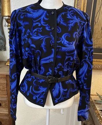 VTG CARLISLE Silk Wool Blend Jacket Women’s 8 Blue Black Lined 80s Retro W/Belt - Image 1 of 4