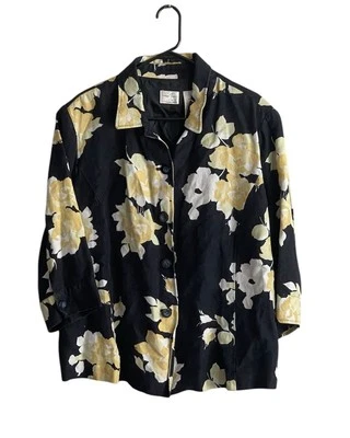 Emma James Button Up Floral Blazer Linen Blend Jacket 18W Navy Yellow Spring - Image 1 of 4