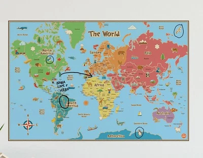 Настенная карта POPS World 36 дюймов ширина x 24 дюйма высота сухое стирание пилинг палочка и перемещение настенная карта с набором маркеров  - Изображение 1 из 2