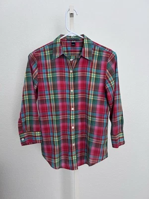 Camisa roja de algodón manga 3/4 con botones a cuadros para mujer American Living XS Foto 1 de 4