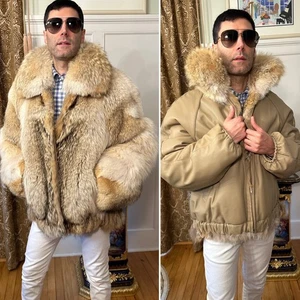 Reversible 26" Mens White Blonde Coyote Real Fur Bomber Jacket Size 46L Large - Picture 1 of 14