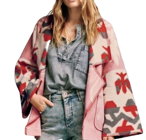 Anthropologie Heidi Kimono Jacket Easy Fit Pockets Pink Ivory Wine Size M # 1096 - Picture 1 of 21