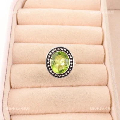 Natural Peridot Sterling Silver Anniversary Statement Solitaire Art Deco Ring - Image 1 of 4