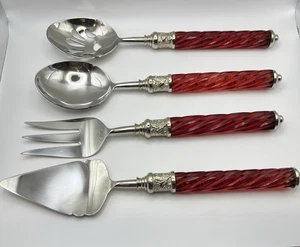 LENOX Vintage Holiday Jewel Spiral Twist Red Handled 4 Pc Serving Set - Picture 1 of 3