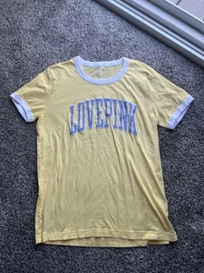 Victoria's Secret LOVE PINK Ringer Crew Top T-Shirt Graphic Size Large Yellow - Picture 1 of 1