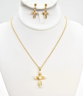 18" AVON 14K Gold-P Faux Pearl Cross Rope Chain Choker Necklace/Dangle Earrings - Image 1 of 4