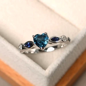 2 Ct Heart Shape Blue Diamond Solitaire Engagement Ring 14K White Gold Finish - Picture 1 of 7