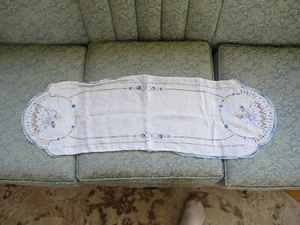 Vintage Embroidered Dresser Scarf Girl w Bonnet & Flowers 38" X 12" - Picture 1 of 15