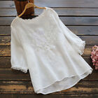 Women Cotton Linen Baggy T-Shirt Blouse Summer Floral Loose Tunic Tops Plus Size