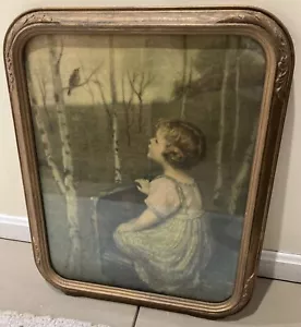 Vintage Framed Print, “Spring Song” Beautiful Artwork, Spring Girl Bird Trunk - Picture 1 of 6