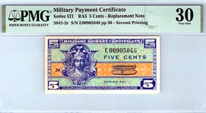 Series 521, 5 Cents "REPLACEMENT" 2nd Printing (MPC) PMG 30 VF Pick S841-2r - Picture 1 of 14