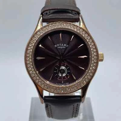 Rotary Watch Womens Gem Set 36mm Case Brown Leather Band Quartz Three Hands  - Image 1 of 4