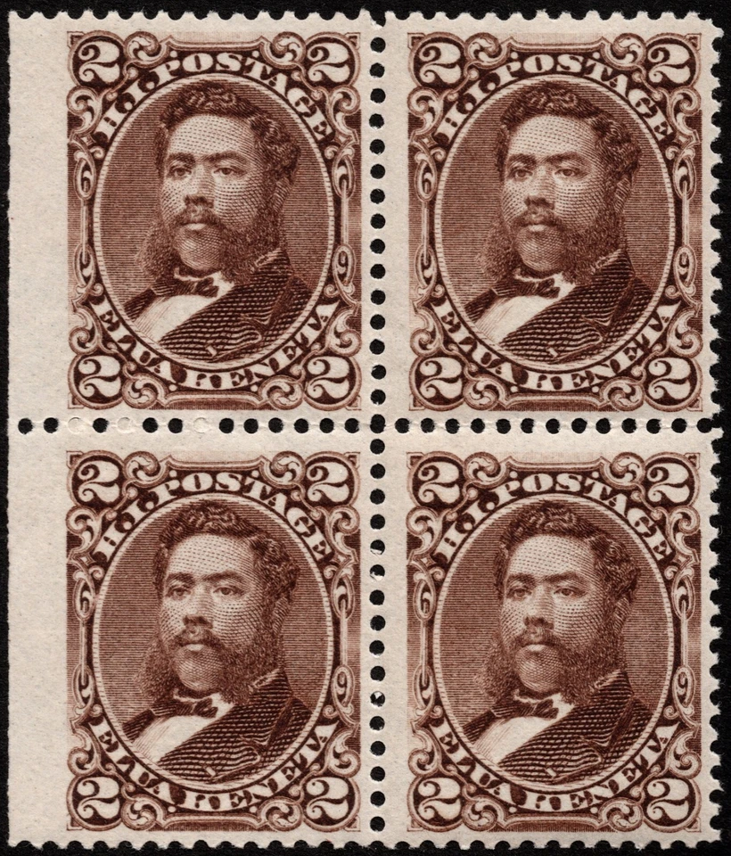 Hawaii - 1875 - 2 centavos marrón rey David Kalakaua edición # 35 como nuevo bloque de 4 Foto 1 de 1