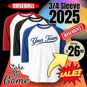 Women's Baseball 2025 Team Jersey,Ladies Summer Sports Fan 3/4 Sleeve Custom Tee - Picture 1 of 32