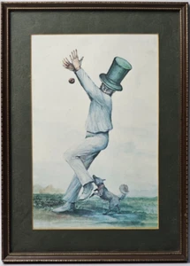 Quadro con Stampa Vintage caricaturale satirica degli anni '70 Giocatore Cricket - Foto 1 di 5
