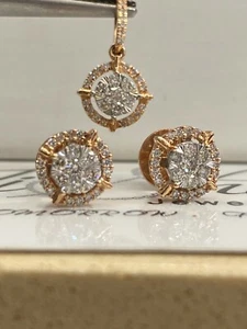 0.72 Cts Round Brilliant Cut Natural Diamonds Pendant Earrings In 585 14K Gold - Picture 1 of 12