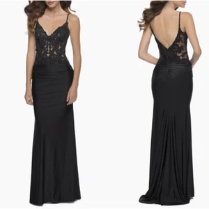 La Femme Style 29774 Black Shiny Lace Gown Formal Dress Sz 14 Wedding Ret. $488 - Picture 1 of 11