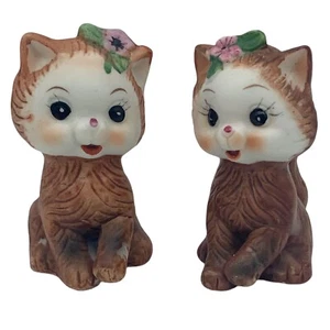 Vintage Cat Salt Pepper Shakers Anthropomorphic Kittens Brown Pink With Stoppers - Picture 1 of 11