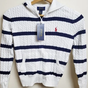 Polo Ralph Lauren Niños Niñas M 8-10 Blanco Azul Marino Rayas Tejido con Cable Sudadera con Capucha Suéter - Imagen 1 de 7