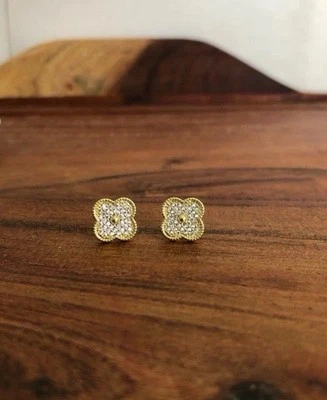 Women’s Gold Plated Clover Earrings Studs Minimalist Cubic Zircon Small Studs - Image 1 of 4