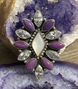 Sterling Silver Multi-Stone Mother Of Pearl, Purple Mojave, CZ Adjustable Ring - Picture 1 of 4